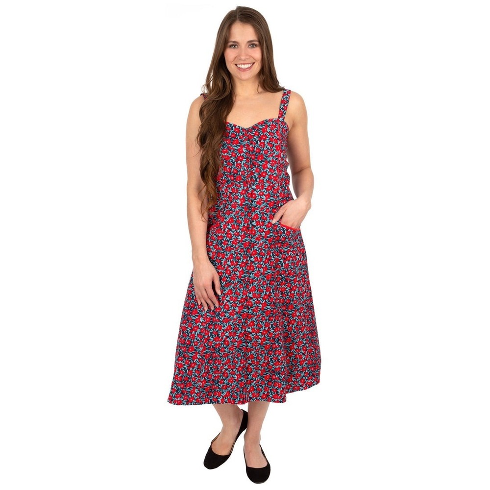 Maya Traders Midi Dress Aloha Red Button Front Poppies Floral Sleeves Medium